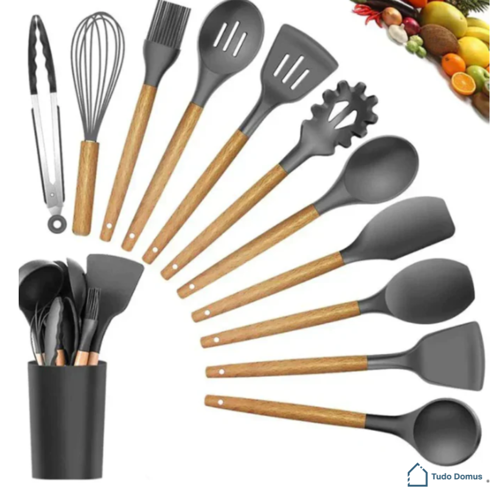 Kit Domus Premium 12 Peças – Silicone & Madeira [30% OFF]