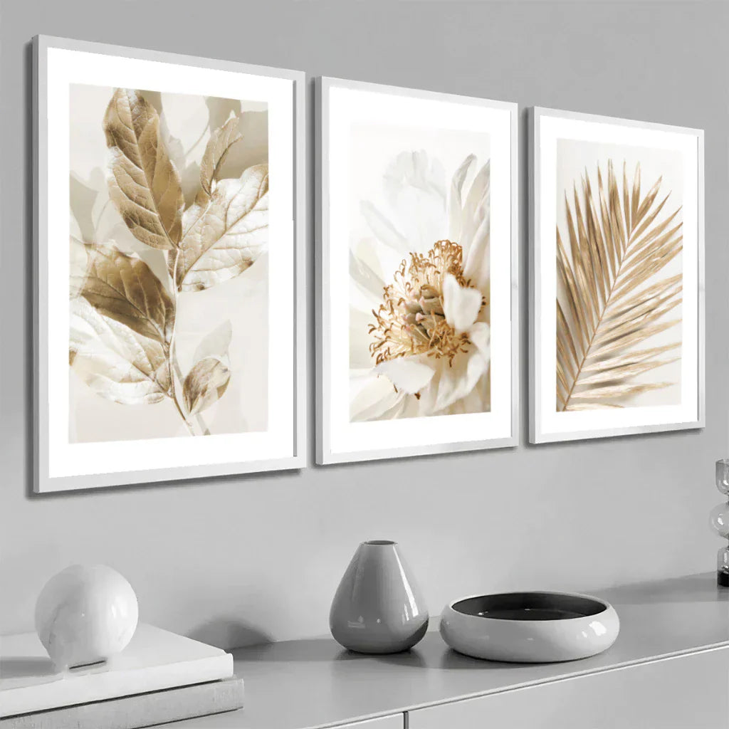 Kit com 3 Quadros Decorativos - Folhagem Dourada