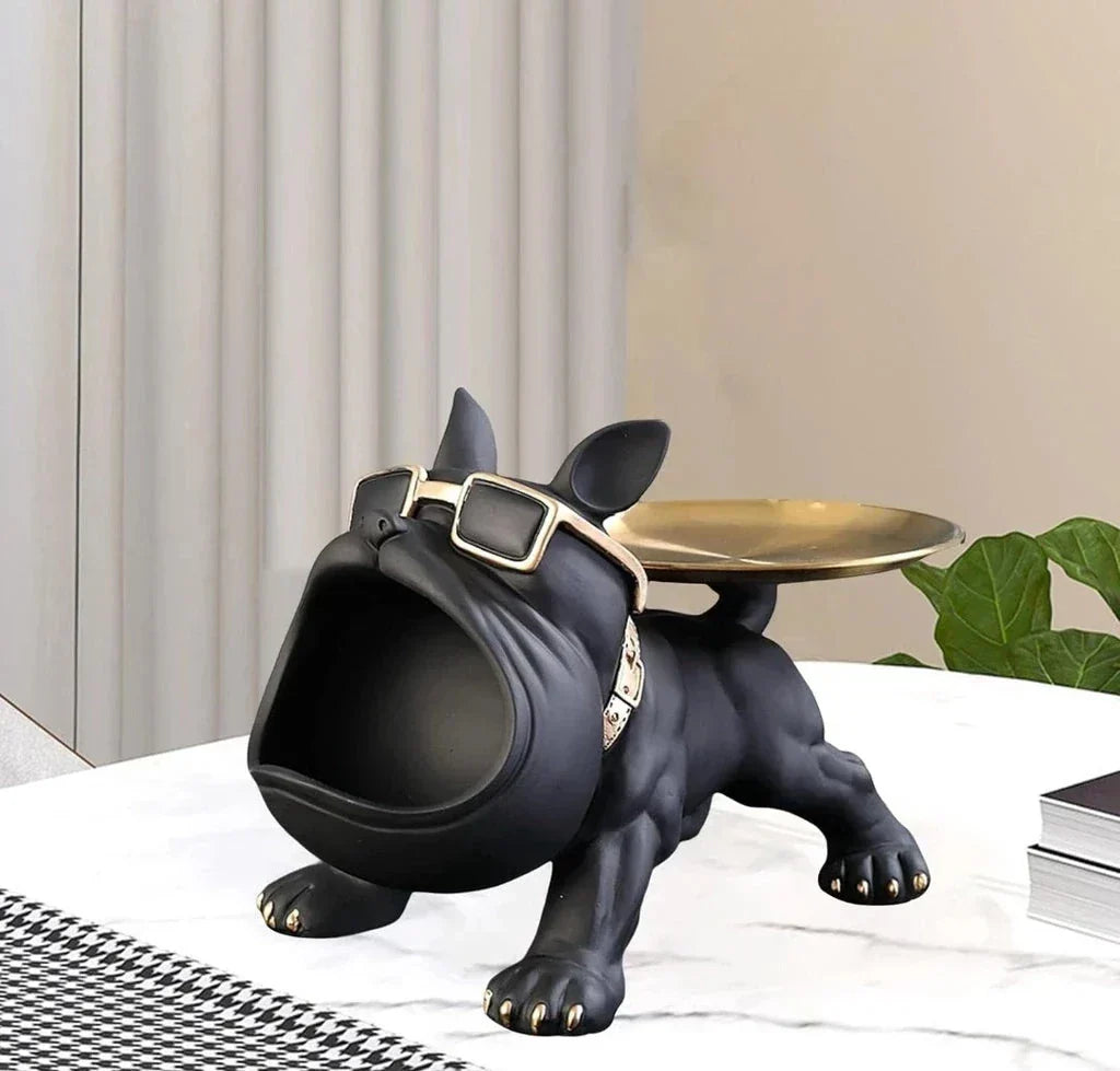 Escultura Decorativa de Cachorro Bulldog com Bandeja